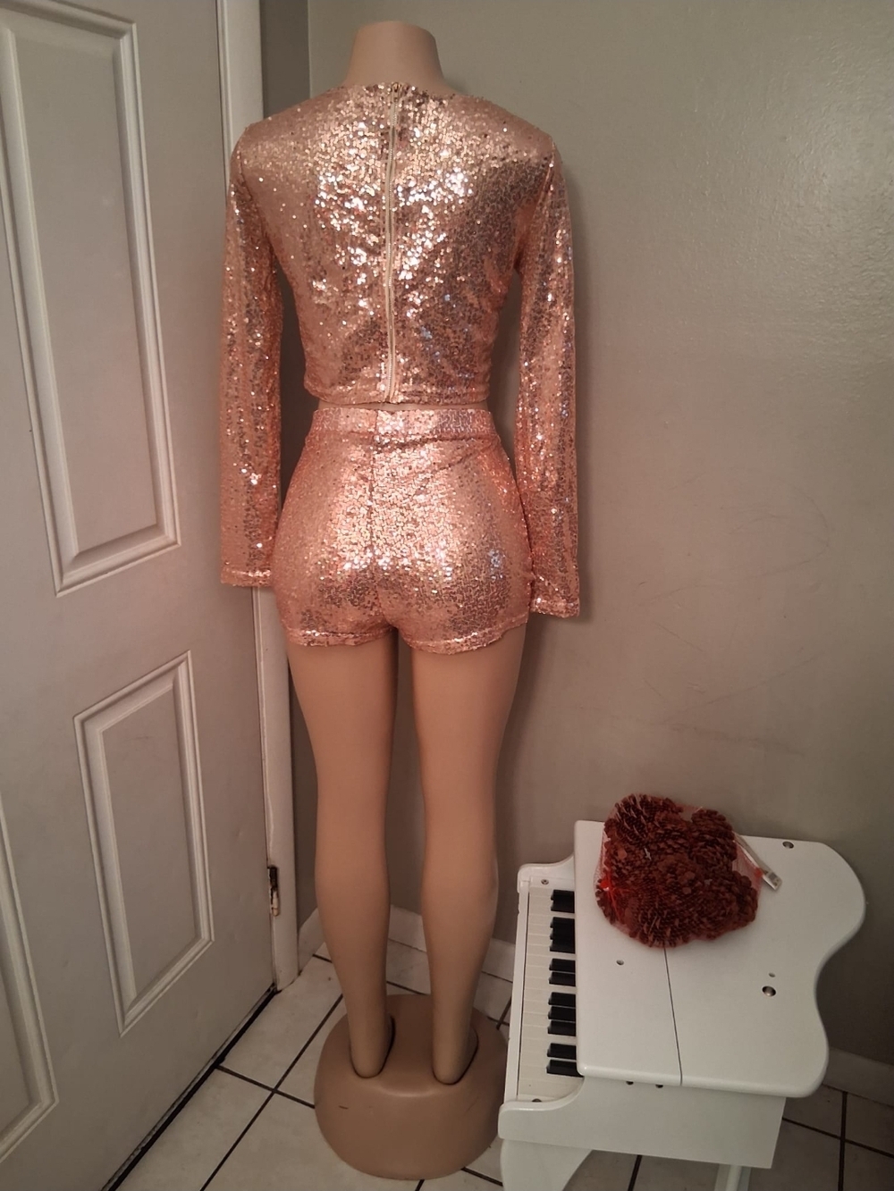 Rose Gold Sequin Two-Piece Set - Long Sleeve Crop Top & High-Waist Shorts